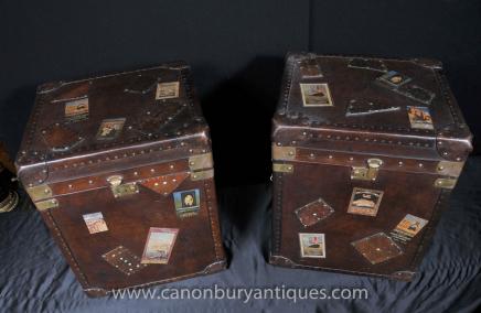 Pair English Leather Luggage Trunks Side Tables Campaign Furniture